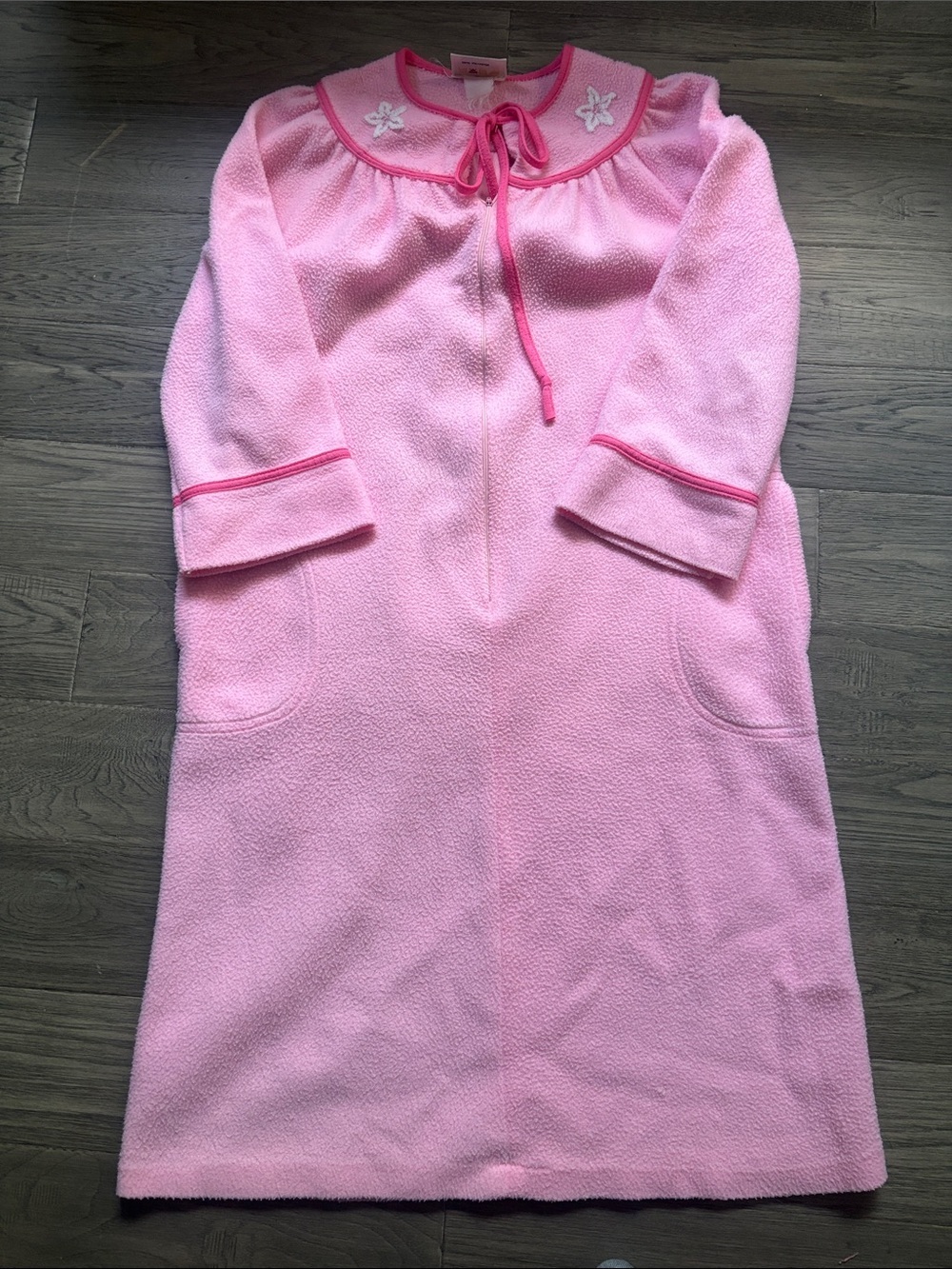 Mr Robert |Cozy Pink Fleece Long Robe with Embroidered Collar Cottagecore Medium
